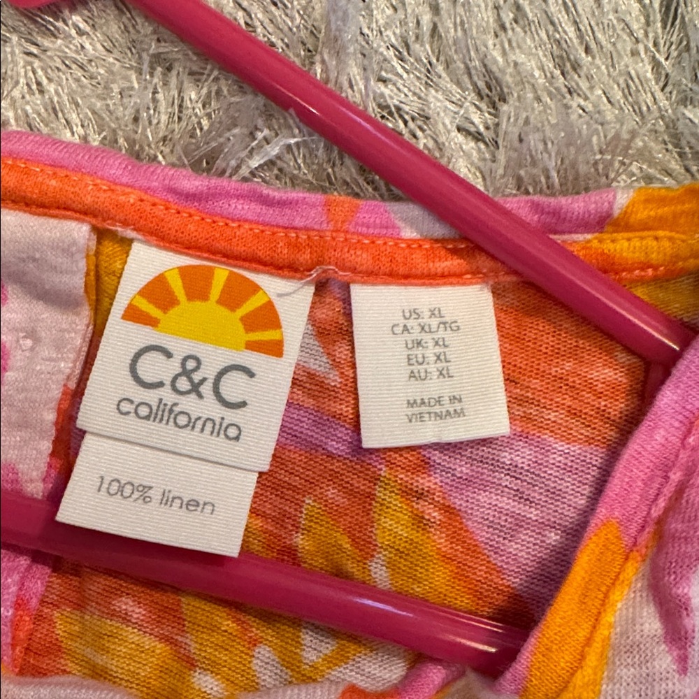 EUC C&C California 100% Linen Pink Tropical Wide Sleeve Cap Tank Top XL - Picture 2 of 5